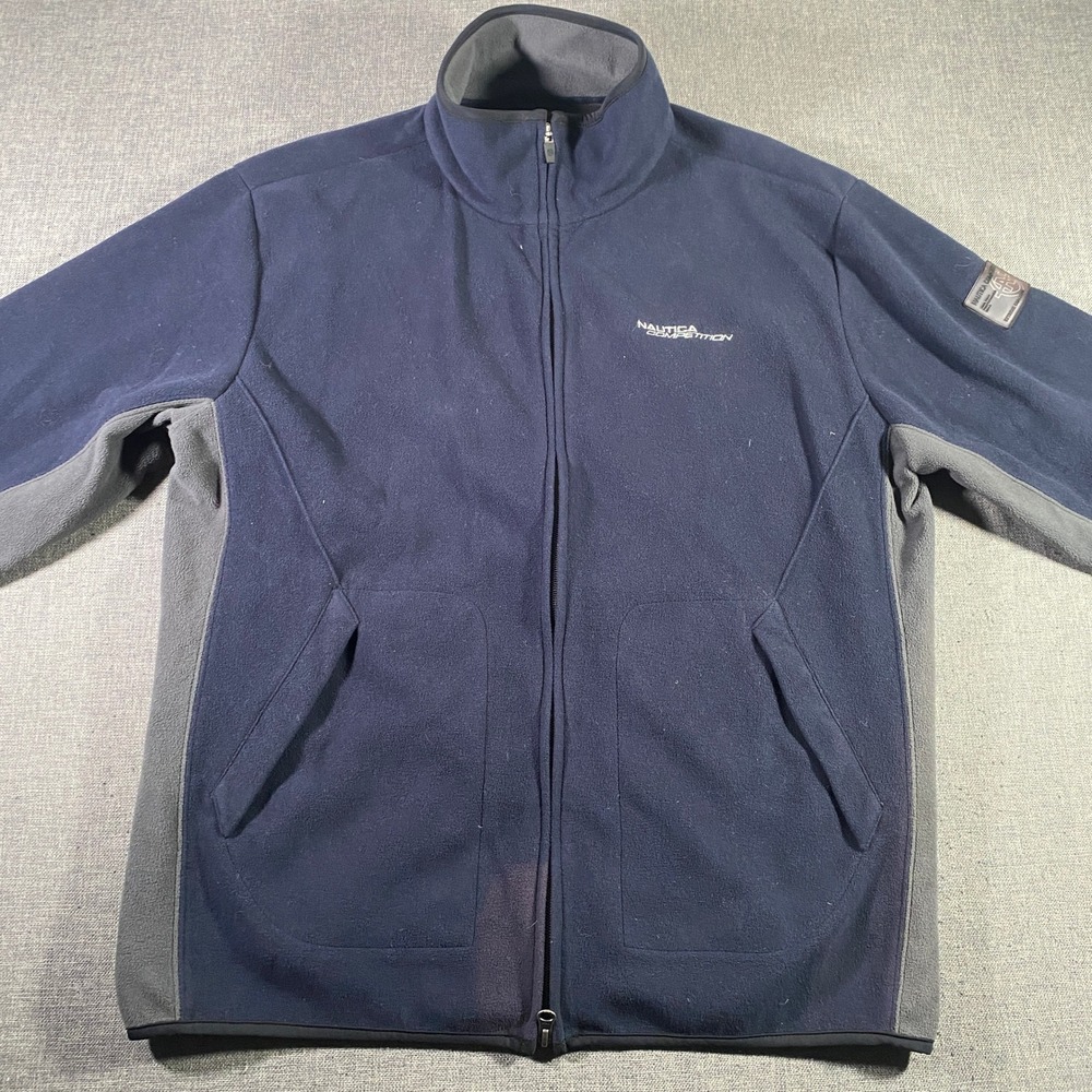 Vintage Nautica Competition Fleece Jacket Full Zip Mens L Blue Gray Pockets